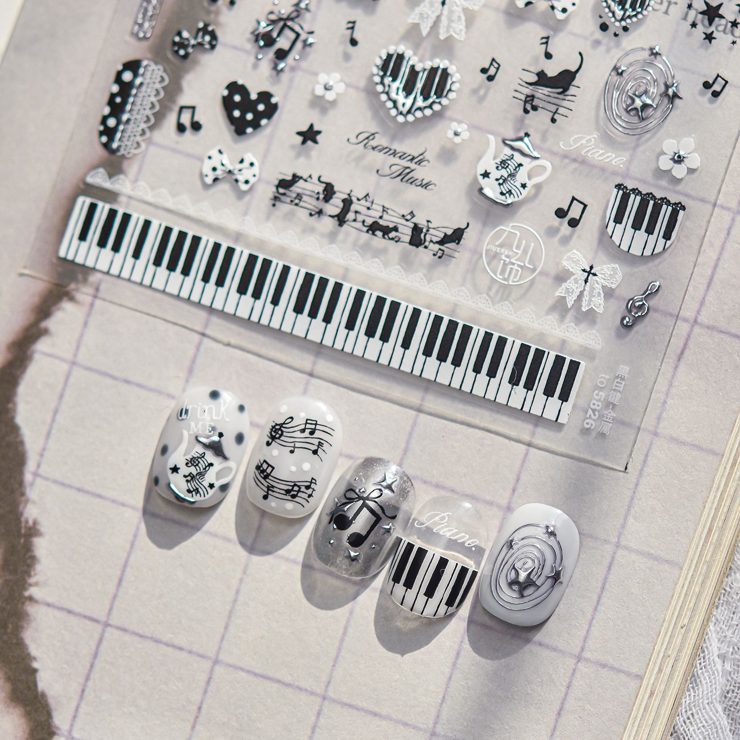 Musical Instrument Images - Black White Music 5D Nail Stickers